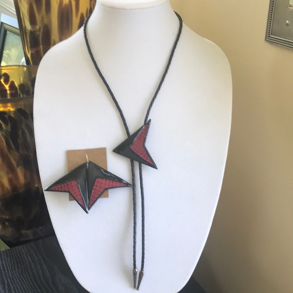 Vintage 80s/90s Hand Crafted Ceramic Bolo Tie and Earrings Set - Picture 2 of 9